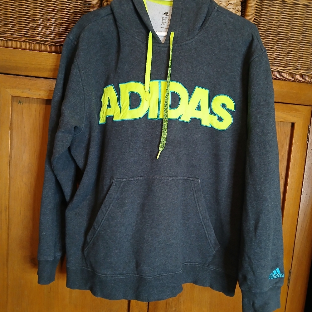 adidas Charcoal Hoodie with Neon Yellow Logo and Drawcords